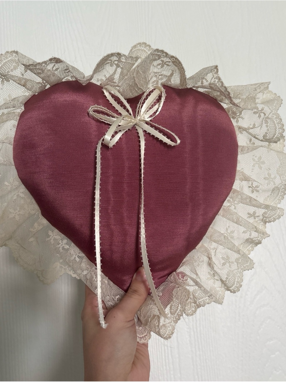 Mauve Heart Throw Pillow with Lace Trim